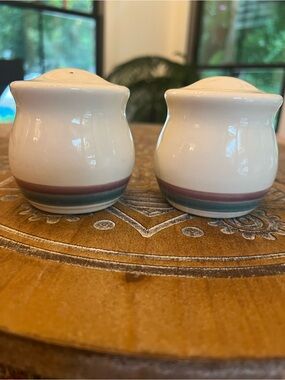 Pfaltzgraff JUNIPER Salt and Pepper Shakers with Green and Burgundy Bands